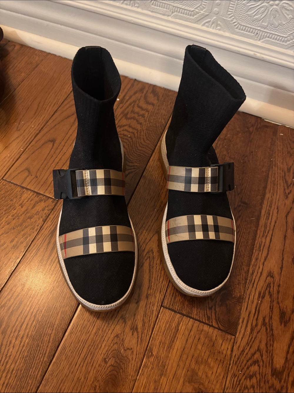 Burberry Black Kids Sock Sneakers with Iconic Check Straps